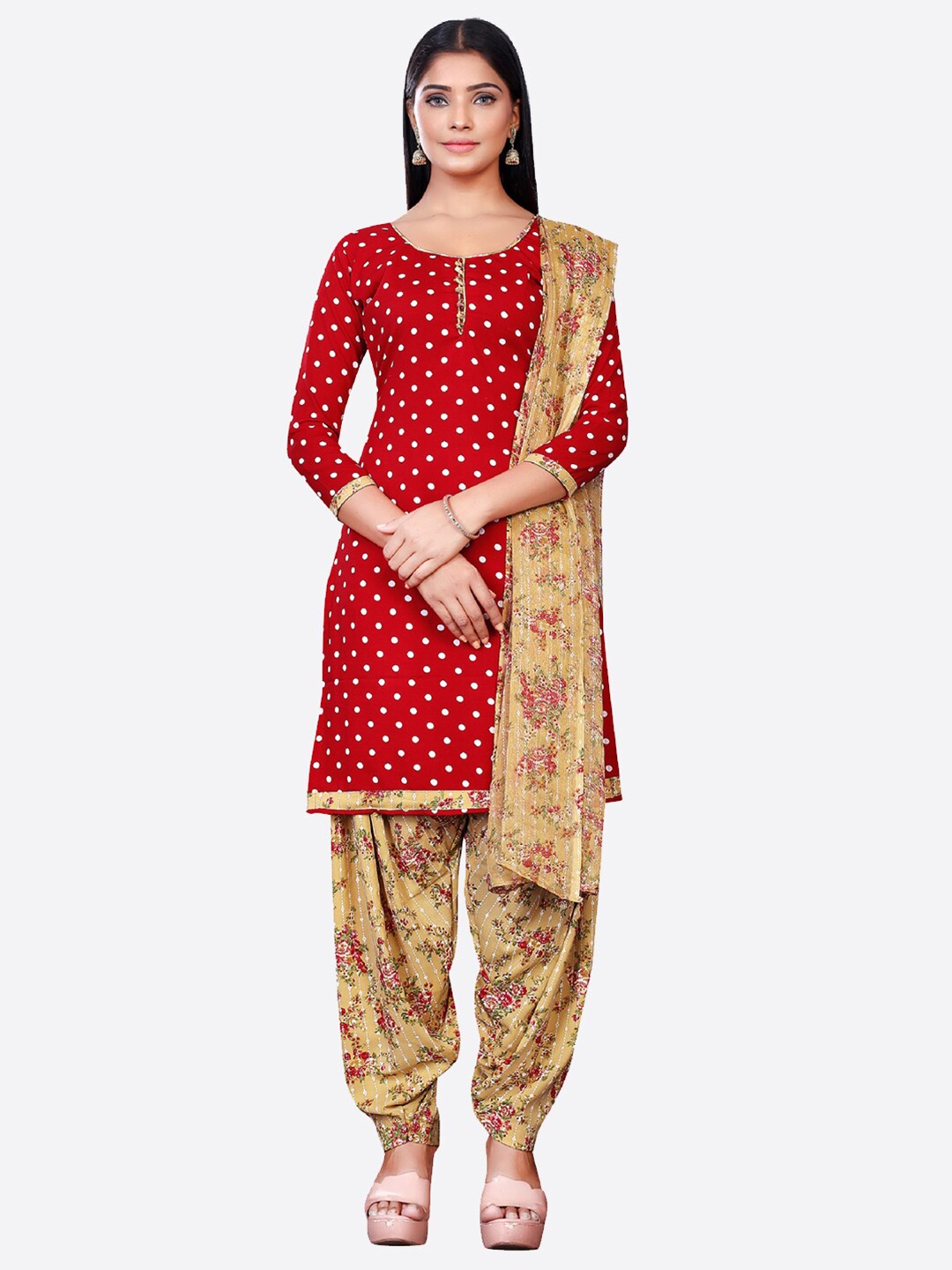 

SALWAR STUDIO Women Red & Beige Printed Unstitched Dress Material
