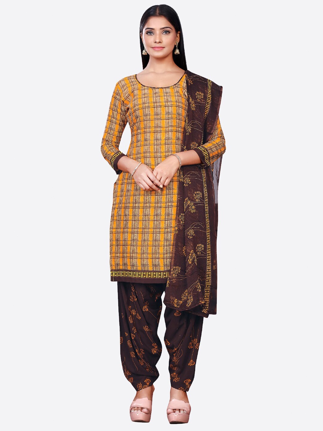 

SALWAR STUDIO Mustard & Brown Printed Unstitched Dress Material
