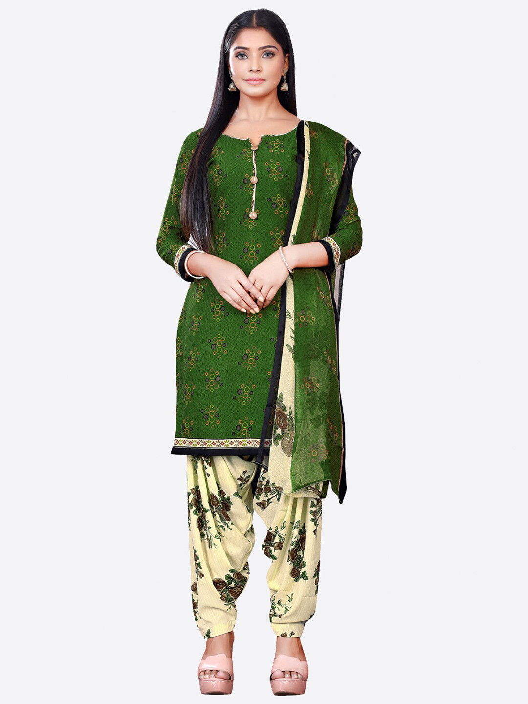 

SALWAR STUDIO Women Green & Cream Ethnic Motifs Printed Unstitched Dress Material