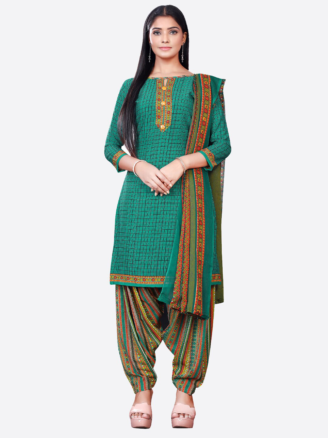 

SALWAR STUDIO Green & Red Printed Unstitched Dress Material