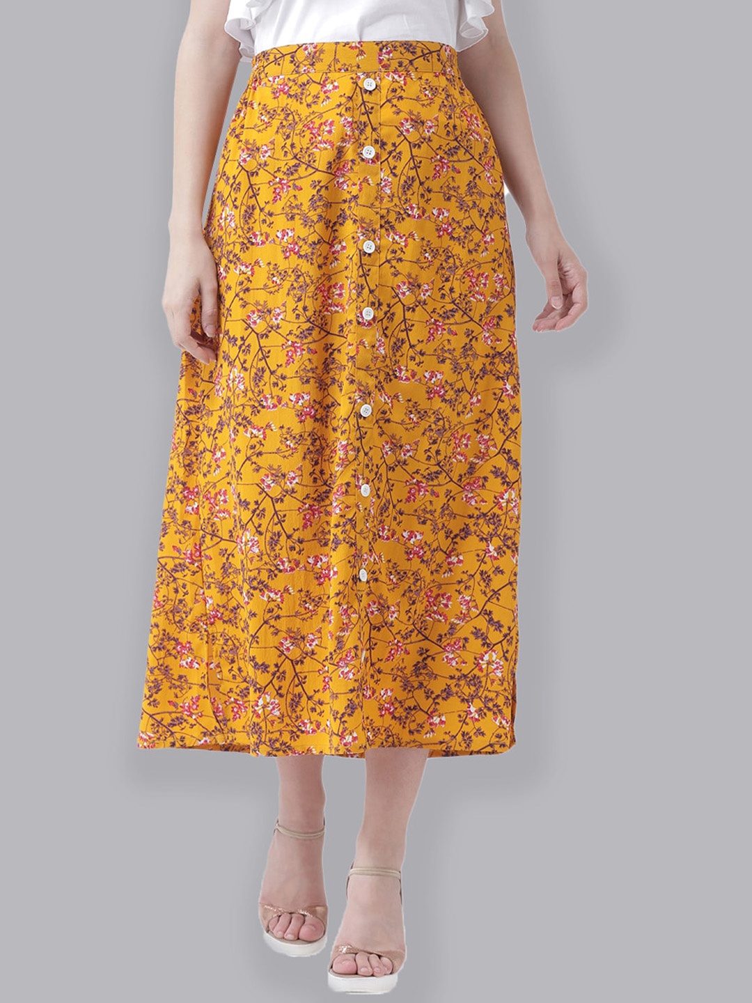 

The Vanca Yellow & Pink Floral Printed Midi A-line Skirt