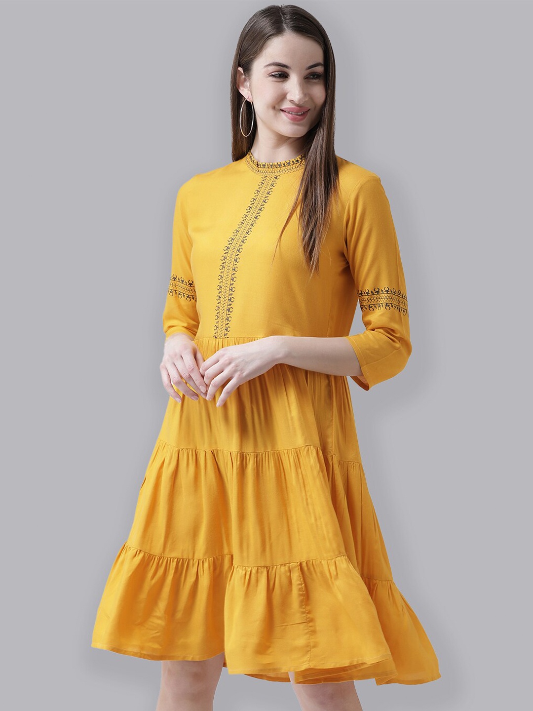 

The Vanca Yellow Printed Tiered Dress