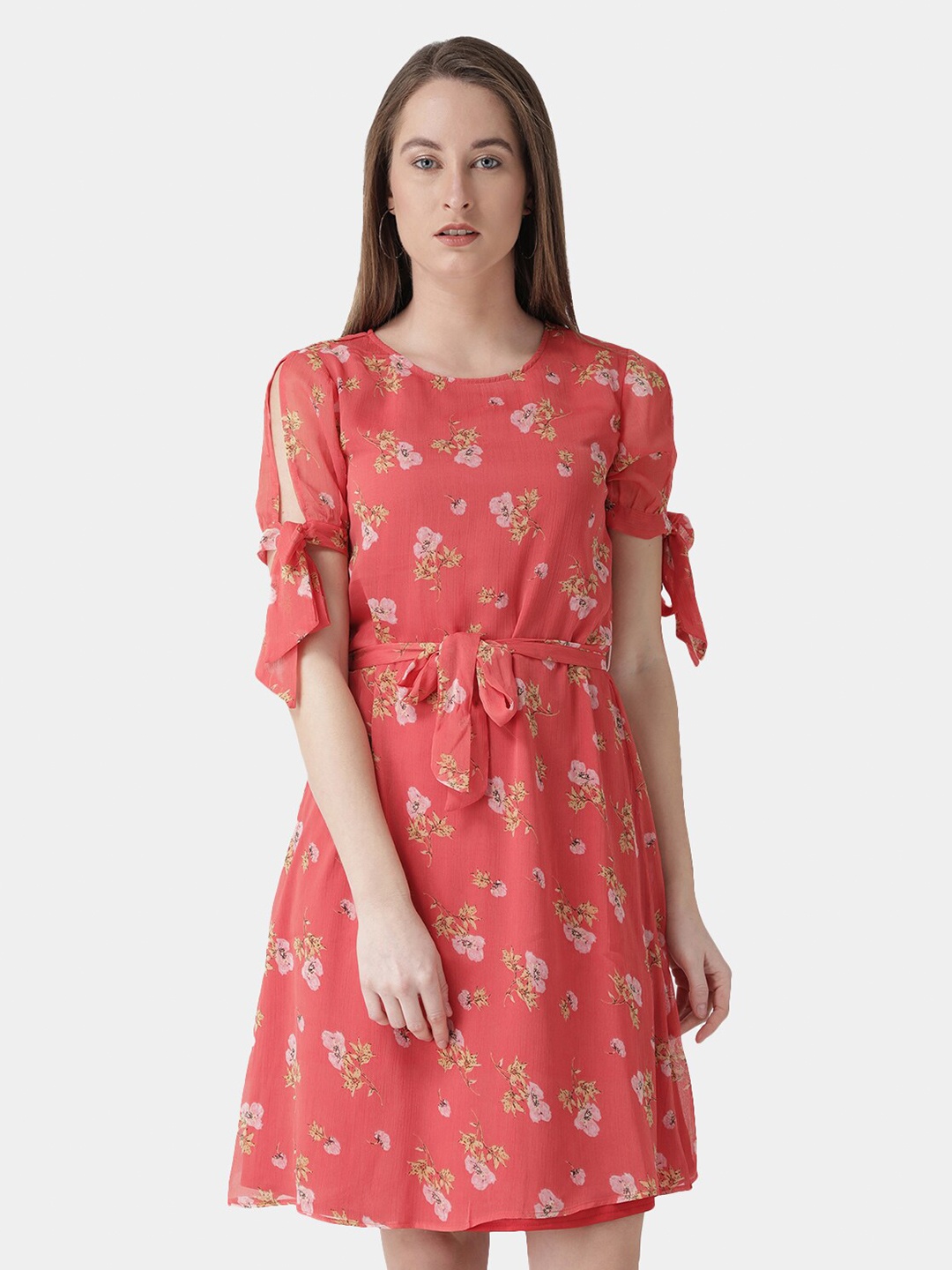 

The Vanca Orange Floral Slit Sleeves A-Line Dress