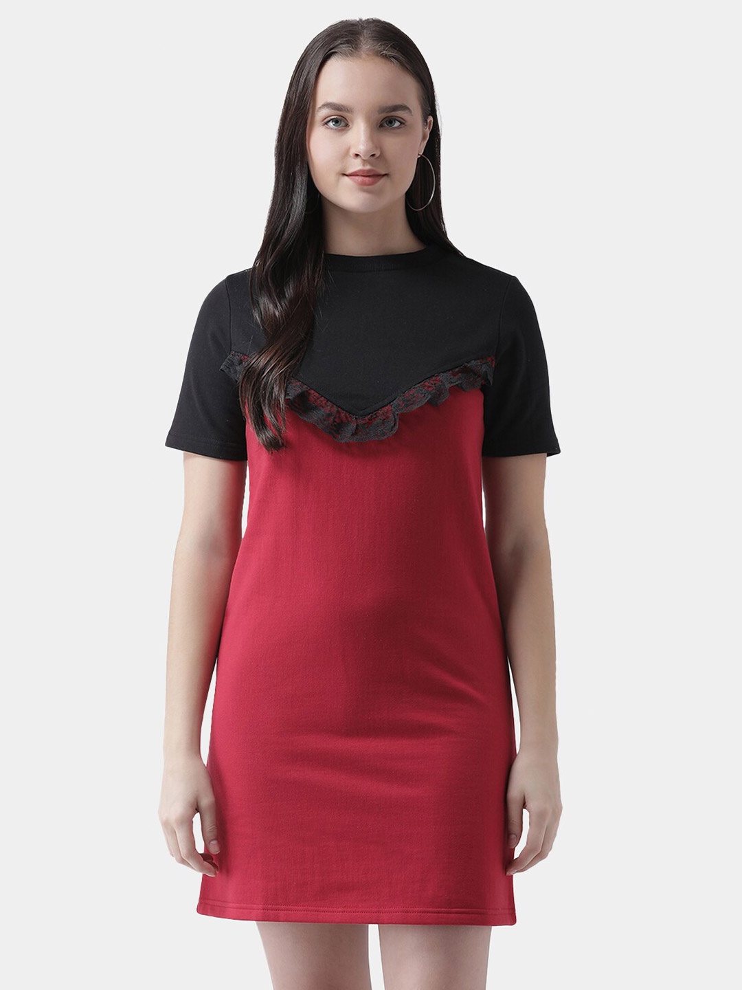 

The Vanca Women Red & Black Colourblocked Sheath Dress