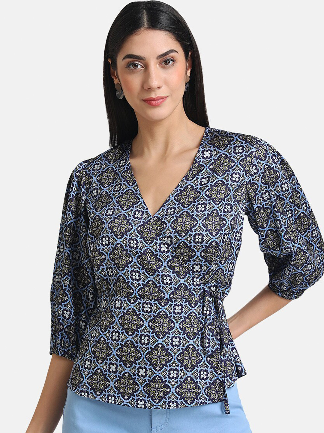 

Kazo Blue Printed Satin Wrap Top