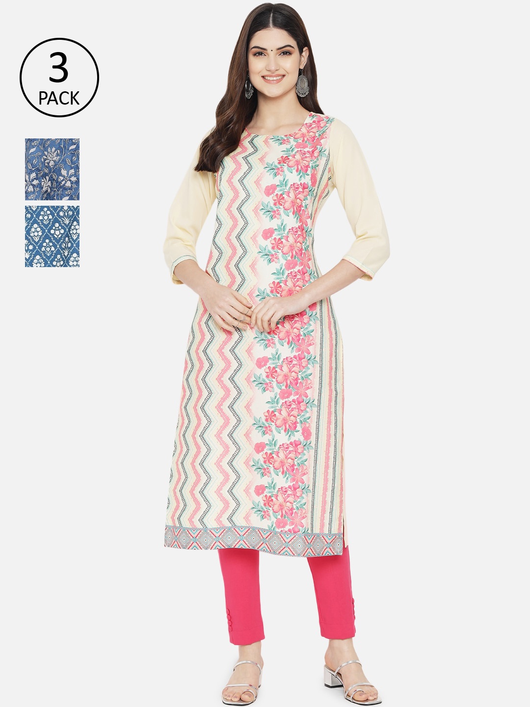 

Ethnic basket Women Pack of 3 Multicoloured Floral Printed Crepe Kurta, Multi