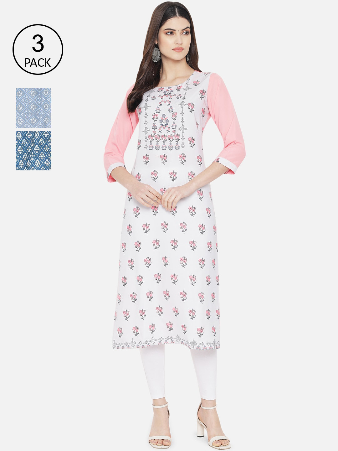 

Ethnic basket Women Blue & White Floral Printed Extended Sleeves Crepe Kurta Set Of 3
