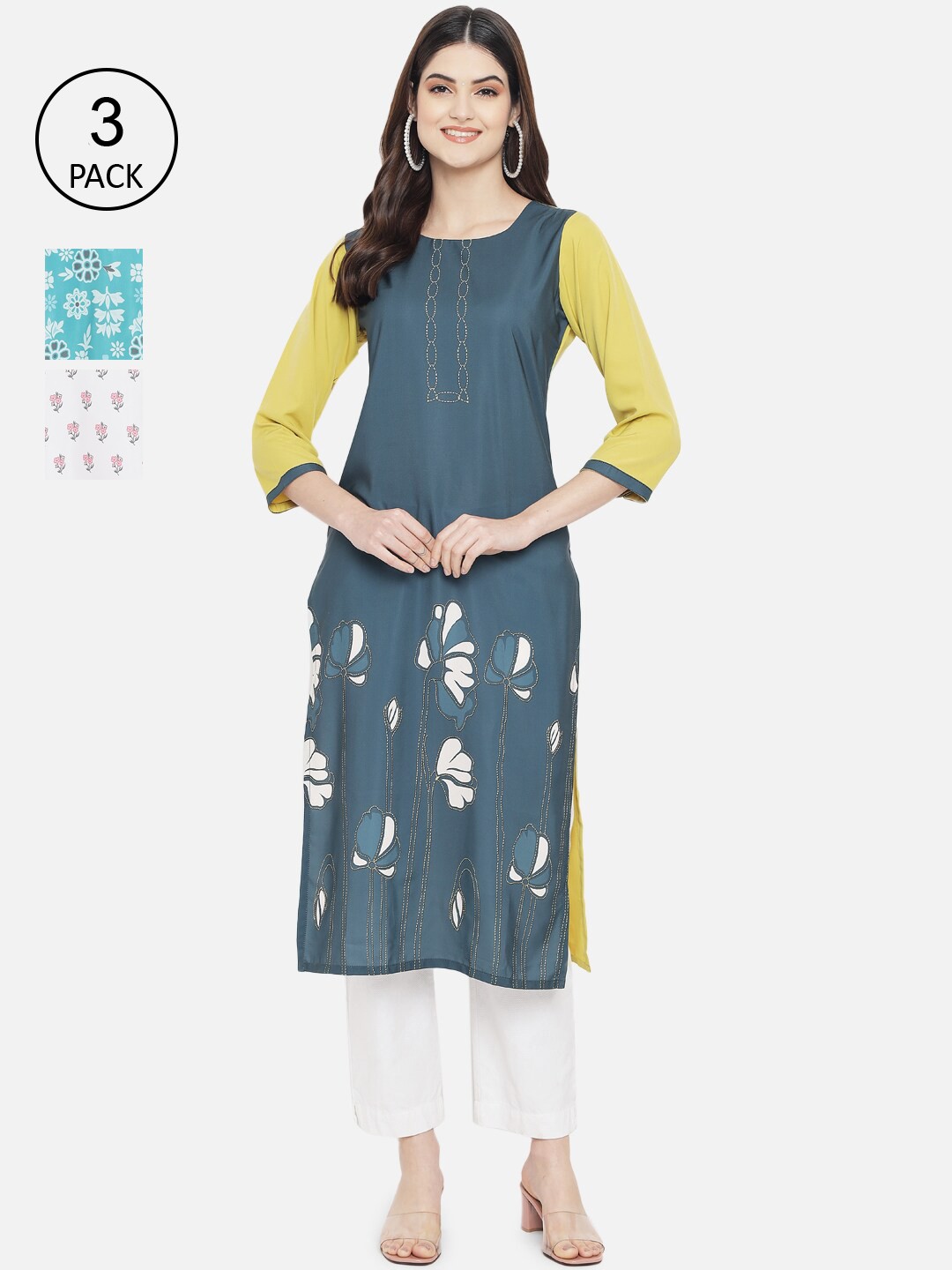 

Ethnic basket Women Multicoloured Set of 3 Floral Printed Crepe Kurta, Multi