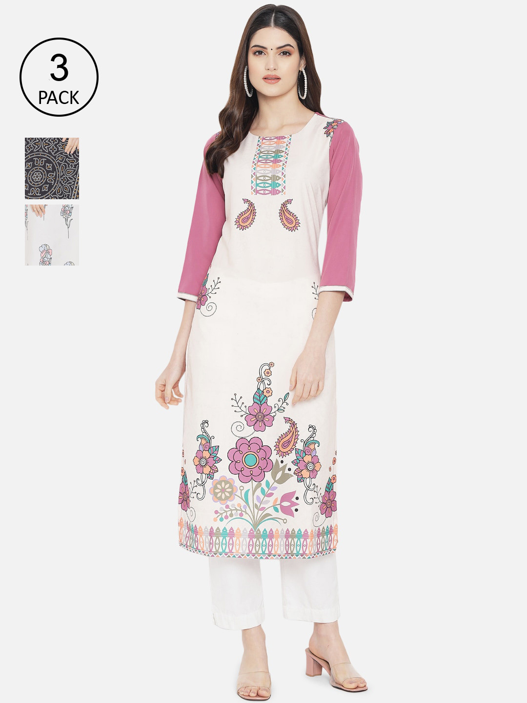 

Ethnic basket Women Pack Of 3 White & Black Ethnic Motifs Printed Crepe Kurta