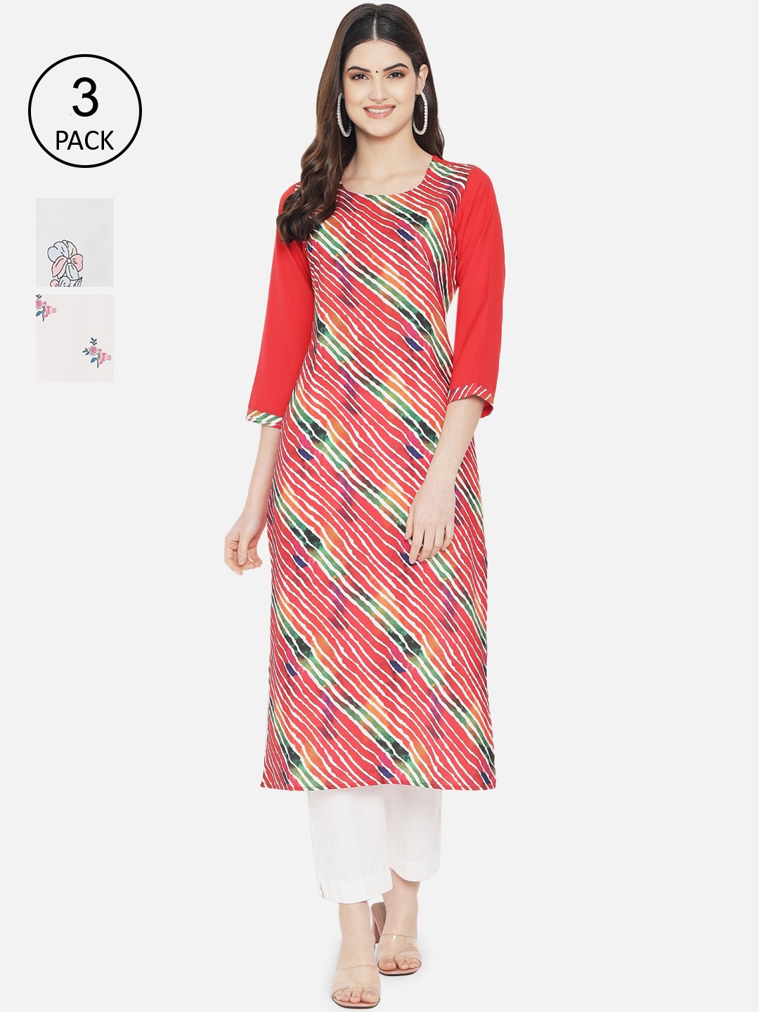 

Ethnic basket Women Pack Of 3 Red & White Floral Printed Crepe Kurtas