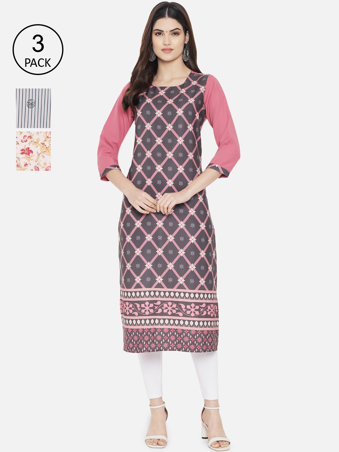 

Ethnic basket Women Pack of 3 Floral Printed Crepe Kurta, Brown