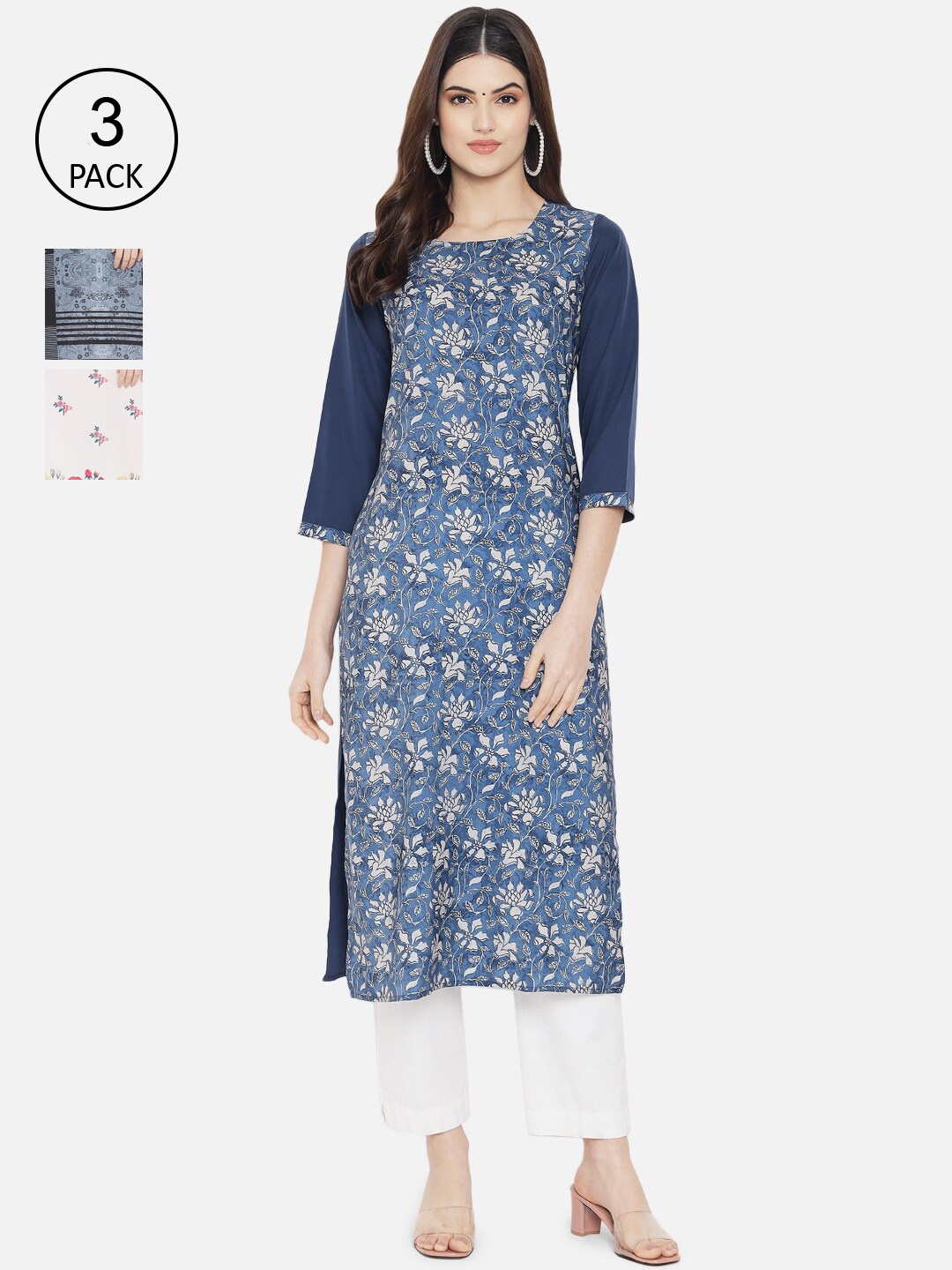 

Ethnic basket Women Blue & Black Pack Of 3 Floral Printed Kurta
