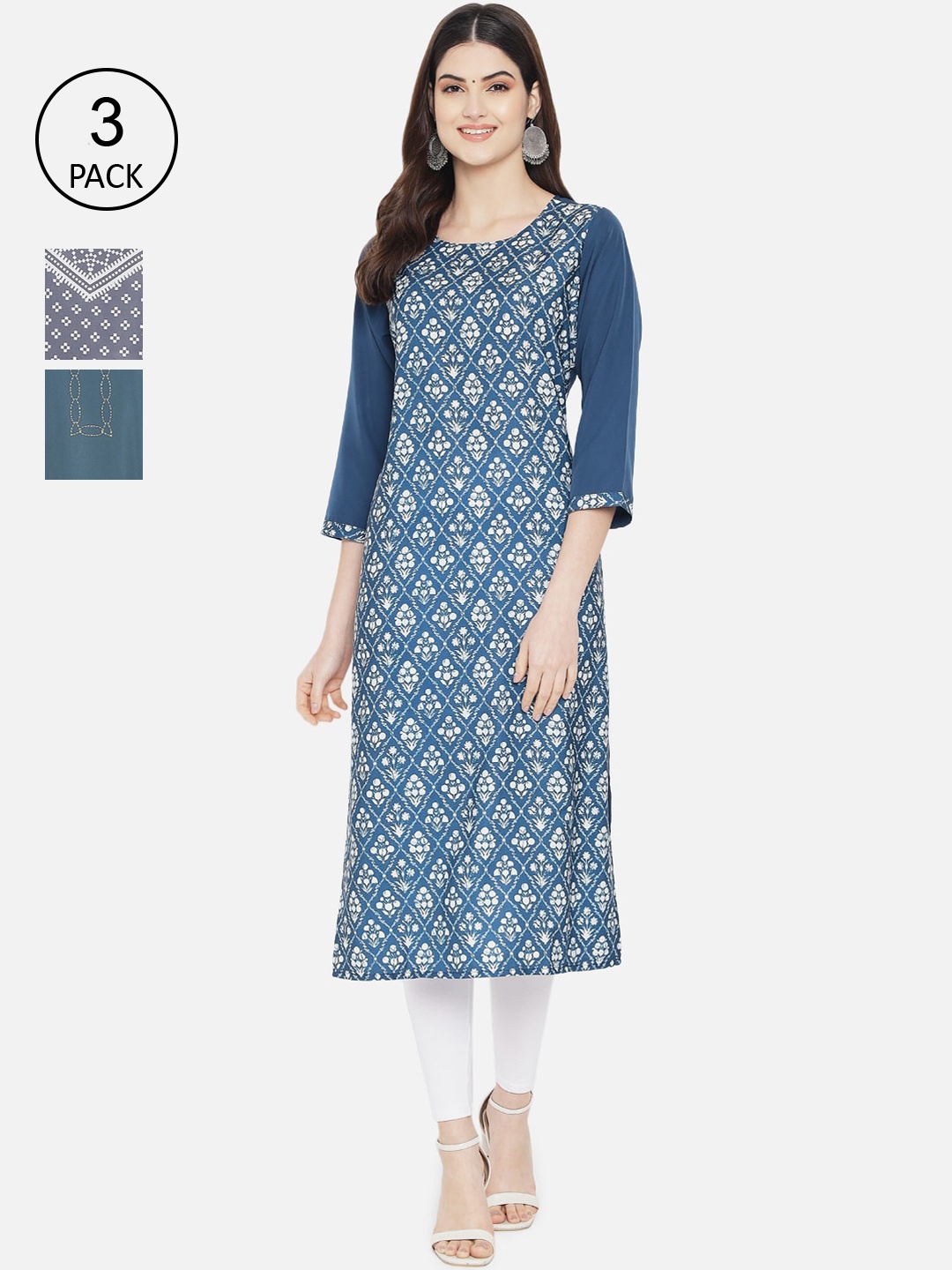 

Ethnic basket Women Blue & Grey Pack Of 3 Ethnic Motifs Printed Flared Sleeves Crepe Kurta