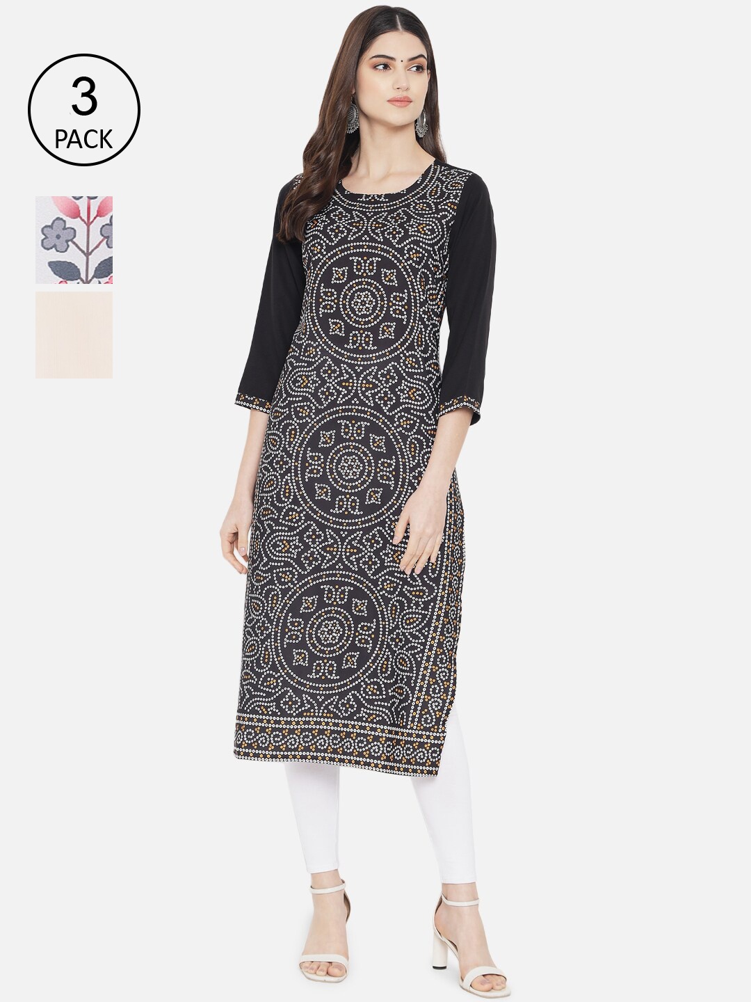 

Ethnic basket Women Pack of 3 Digital Printed Crepe Kurta, Black