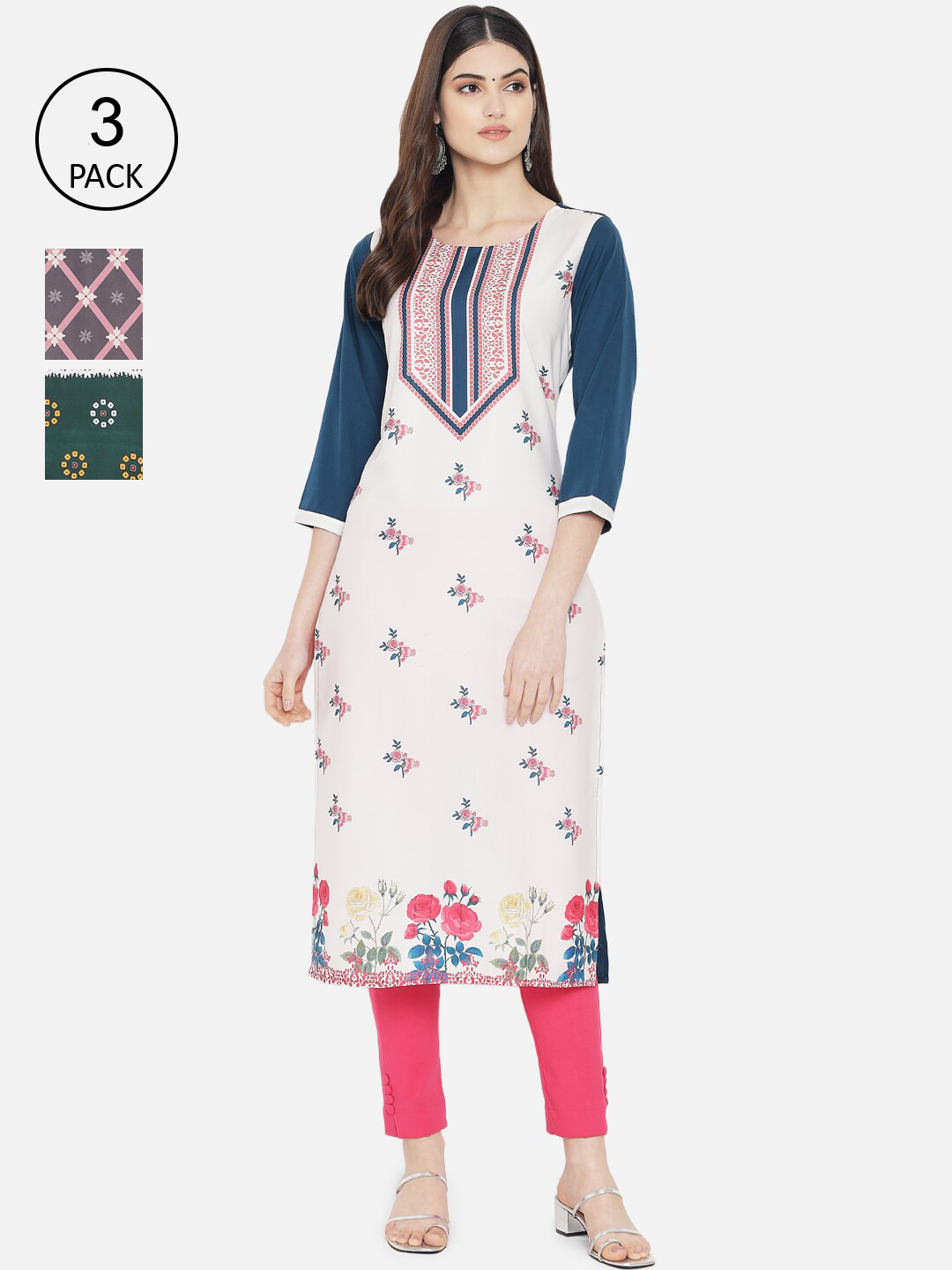 

Ethnic basket Women Pack of 3 Digital Printed Crepe Kurta, White