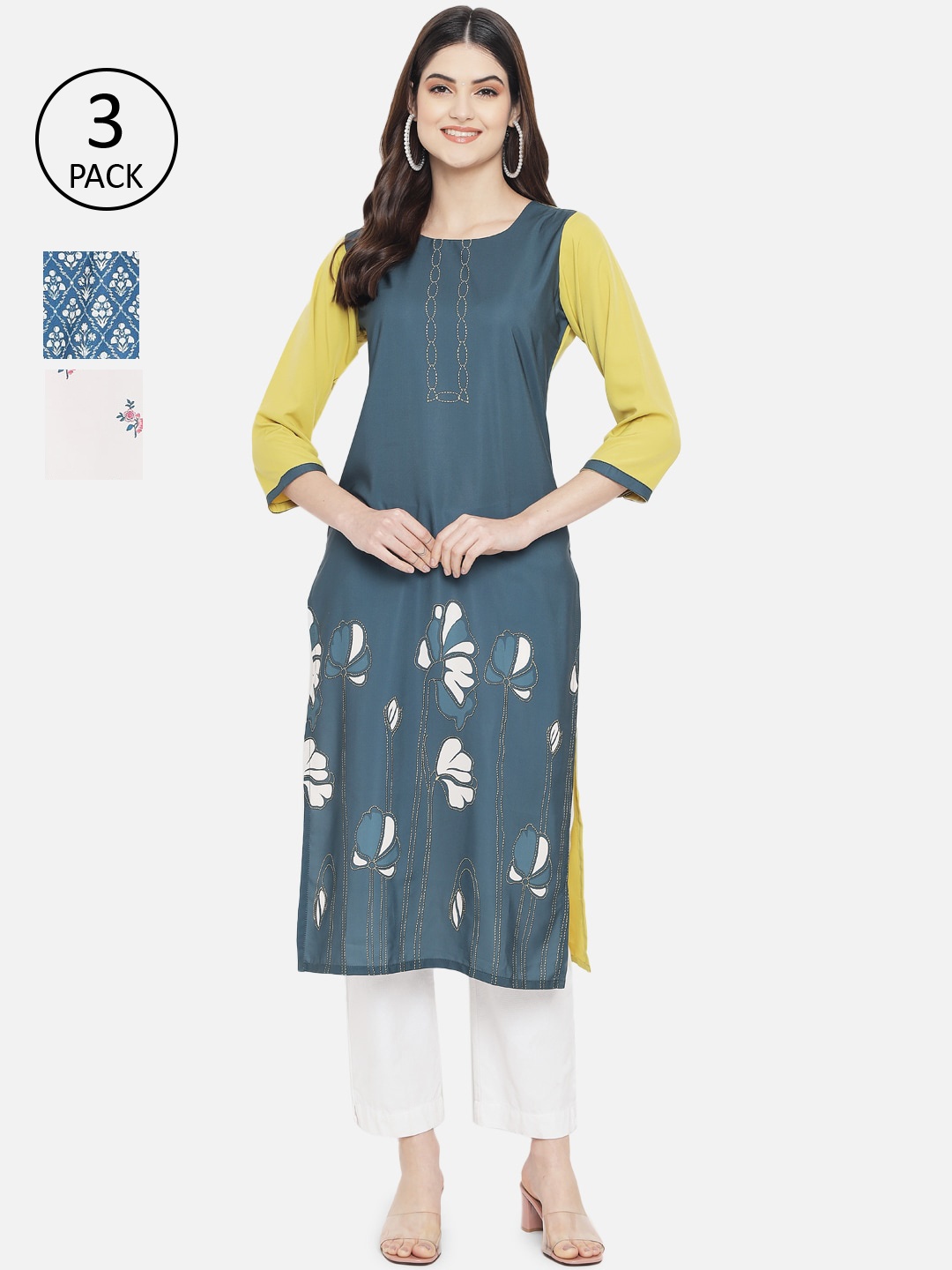 

Ethnic basket Women Pack of 3 Ethnic Motifs Printed Crepe Kurta, Green