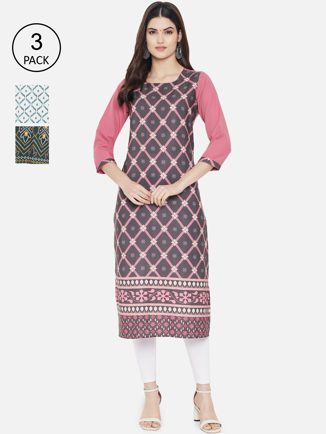

Ethnic basket Women Pack Of 3 Multi Ethnic Motifs Printed Crepe Kurta
