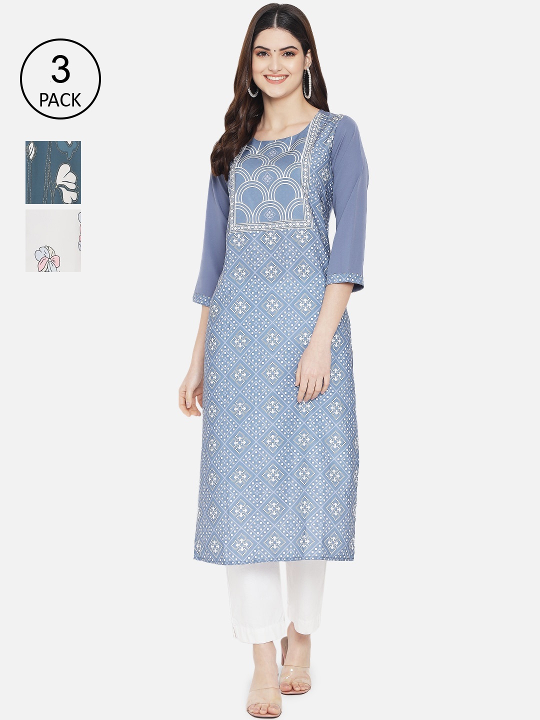 

Ethnic basket Women Set Of 3 Blue & Cream-Coloured Floral Printed Crepe Kurta