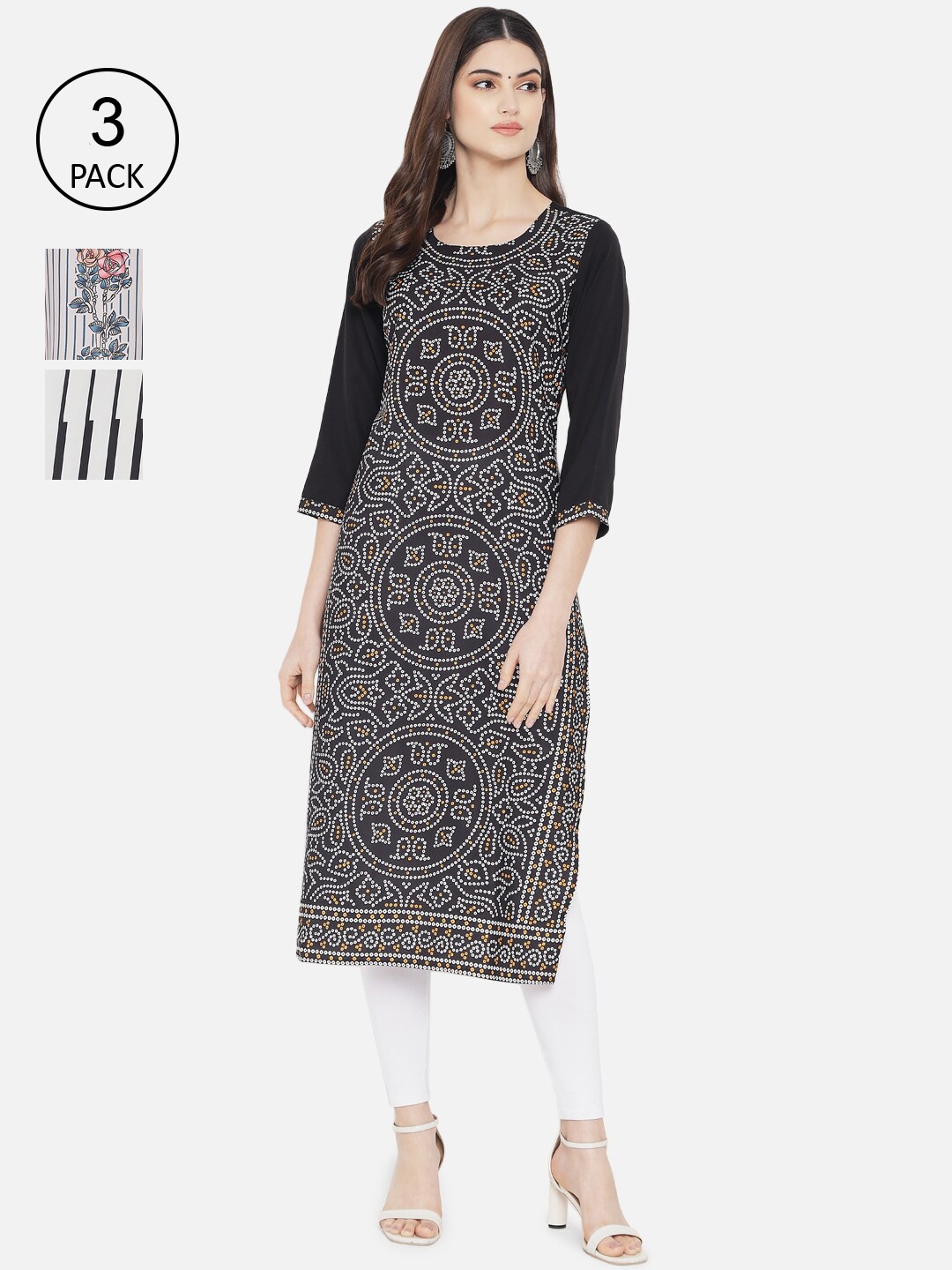 

Ethnic basket Women Pack of 3 Multicoloured Ethnic Motifs Printed Crepe Kurta, Multi