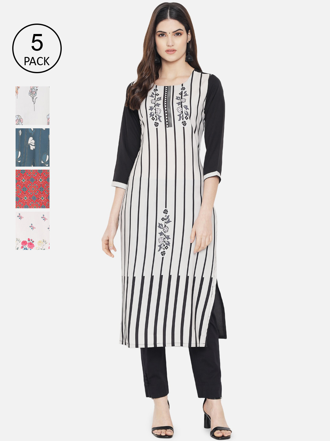 

Ethnic basket Women Pack Of 5 Multicoloured Ethnic Motifs Printed Crepe Kurta, Multi