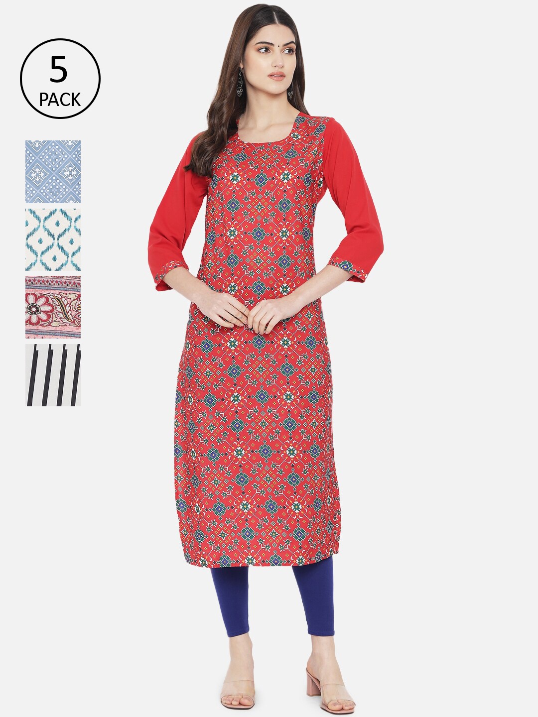 

Ethnic basket Women Pack Of 5 Red & White Geometric Printed Crepe Kurtas