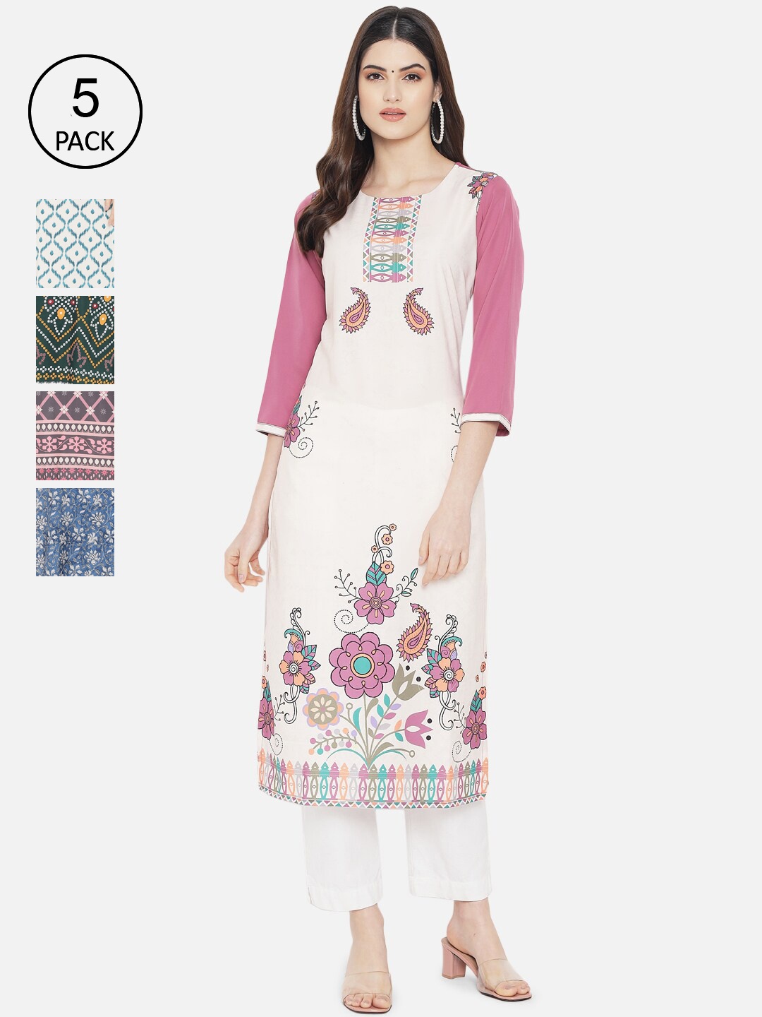 

Ethnic basket Women Pack of 5 Digital Printed Straight Kurtas, White