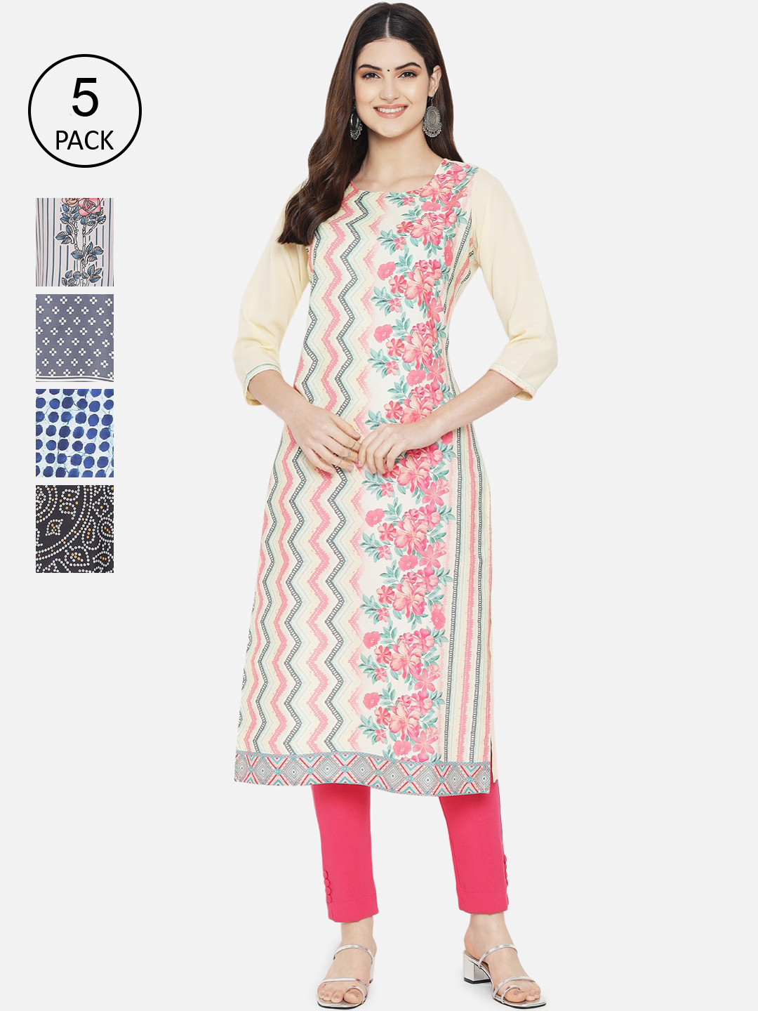 

Ethnic basket Women Pack of 5 Digital Printed Straight Kurtas, Cream
