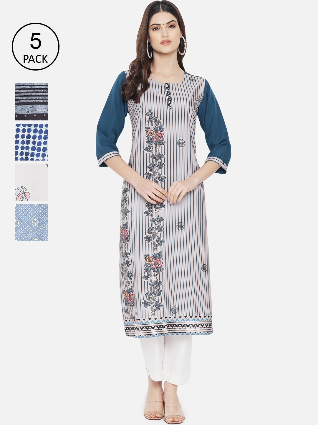 

Ethnic basket Women Pack Of 5 Multicoloured Floral Printed Crepe Kurta, Multi
