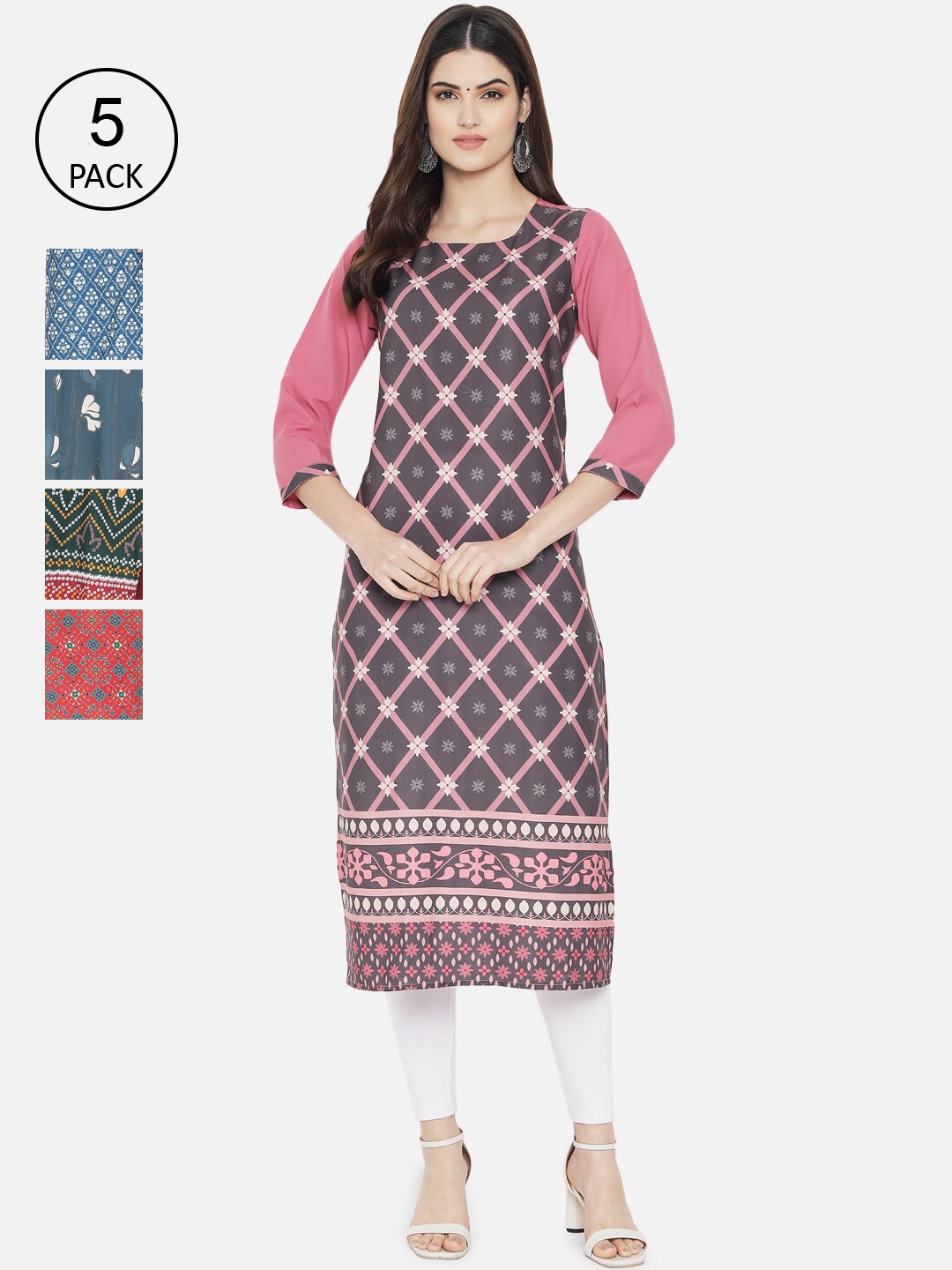 

Ethnic basket Women Pack of 5 Digital Printed Crepe Kurta, Red