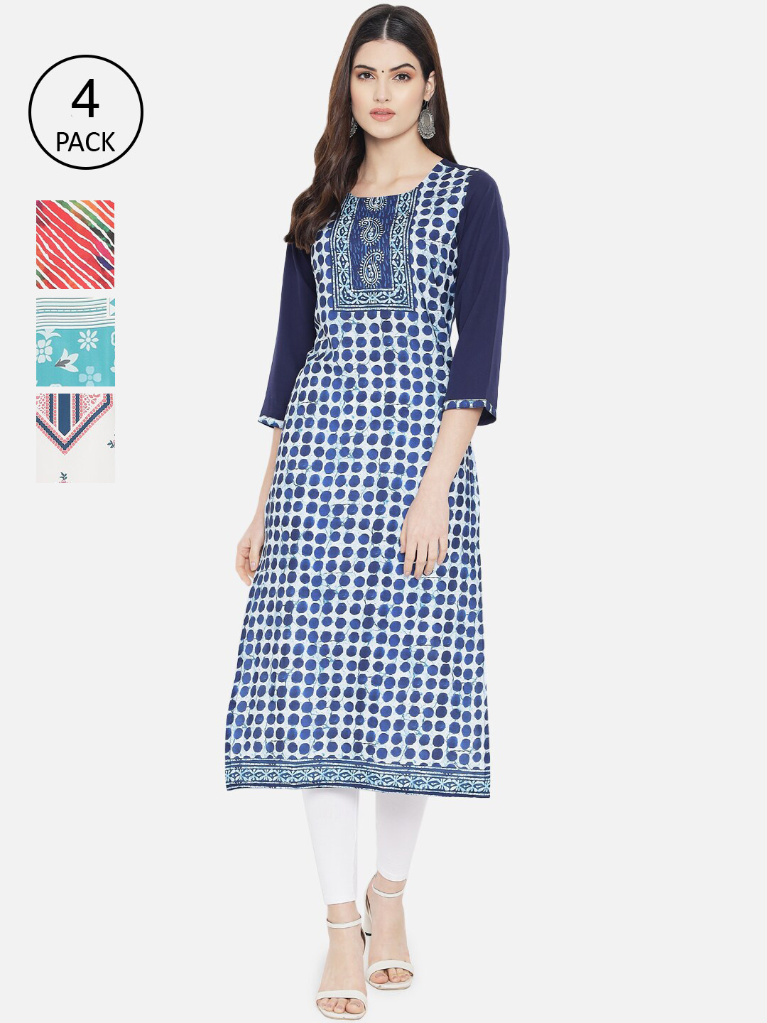 

Ethnic basket Women Set Of 4 Blue & Pink Floral Printed Crepe Kurta