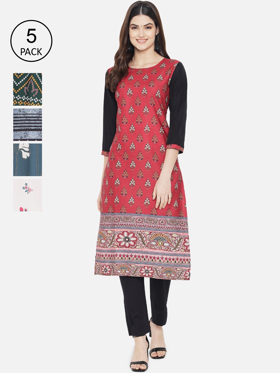 

Ethnic basket Women Pack Of 6 Multicoloured Ethnic Motifs Printed Crepe Kurta, Multi