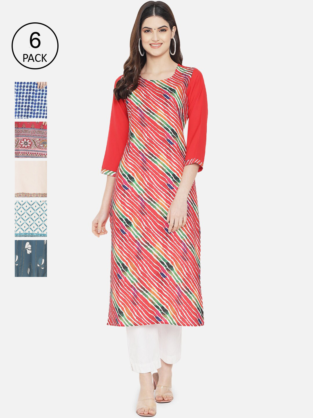 

Ethnic basket Women Pack Of 6 Multi Ethnic Motifs Printed Crepe Kurta