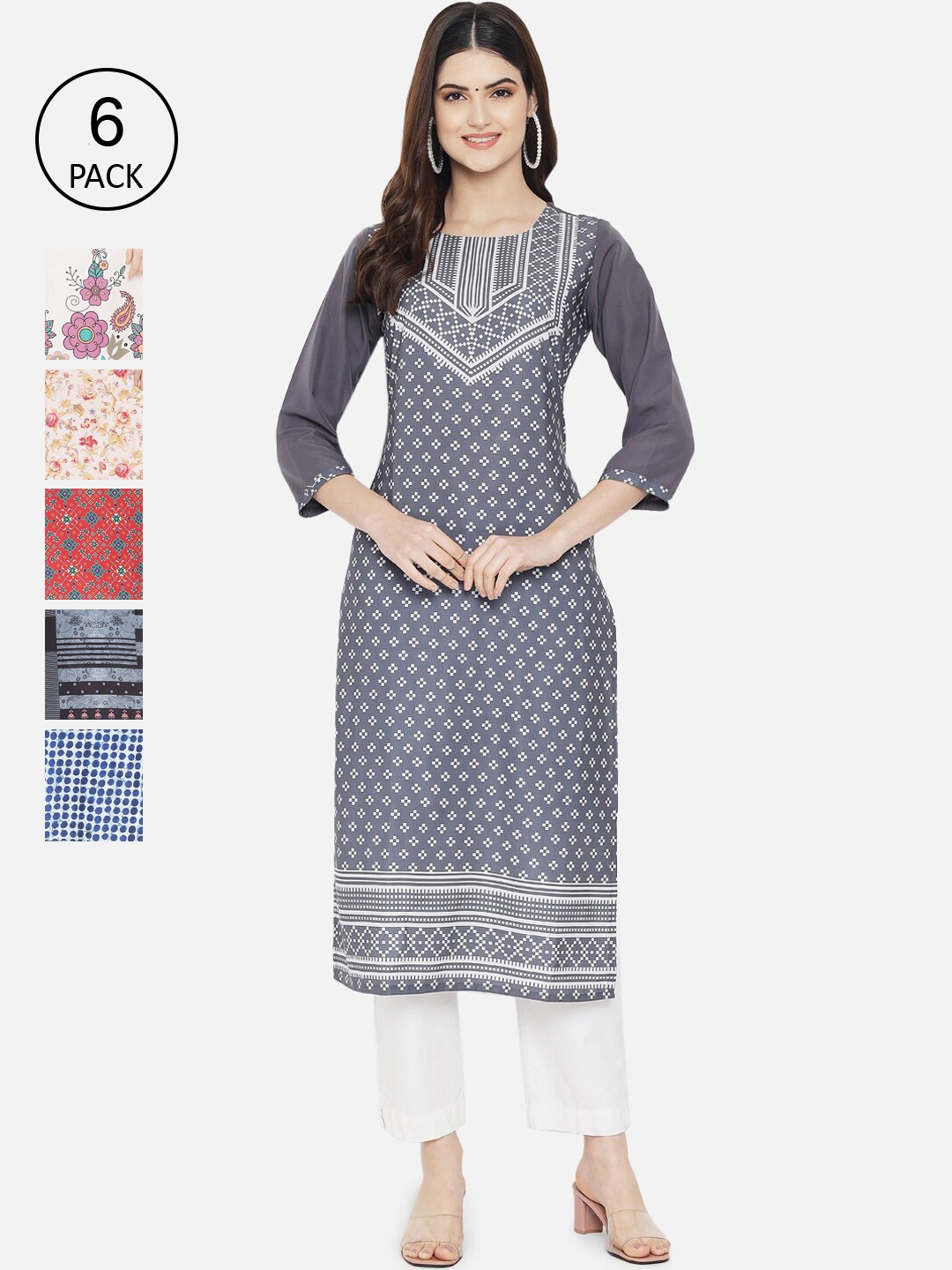

Ethnic basket Women Pack of 6 Digital Printed Straight Kurtas, Grey