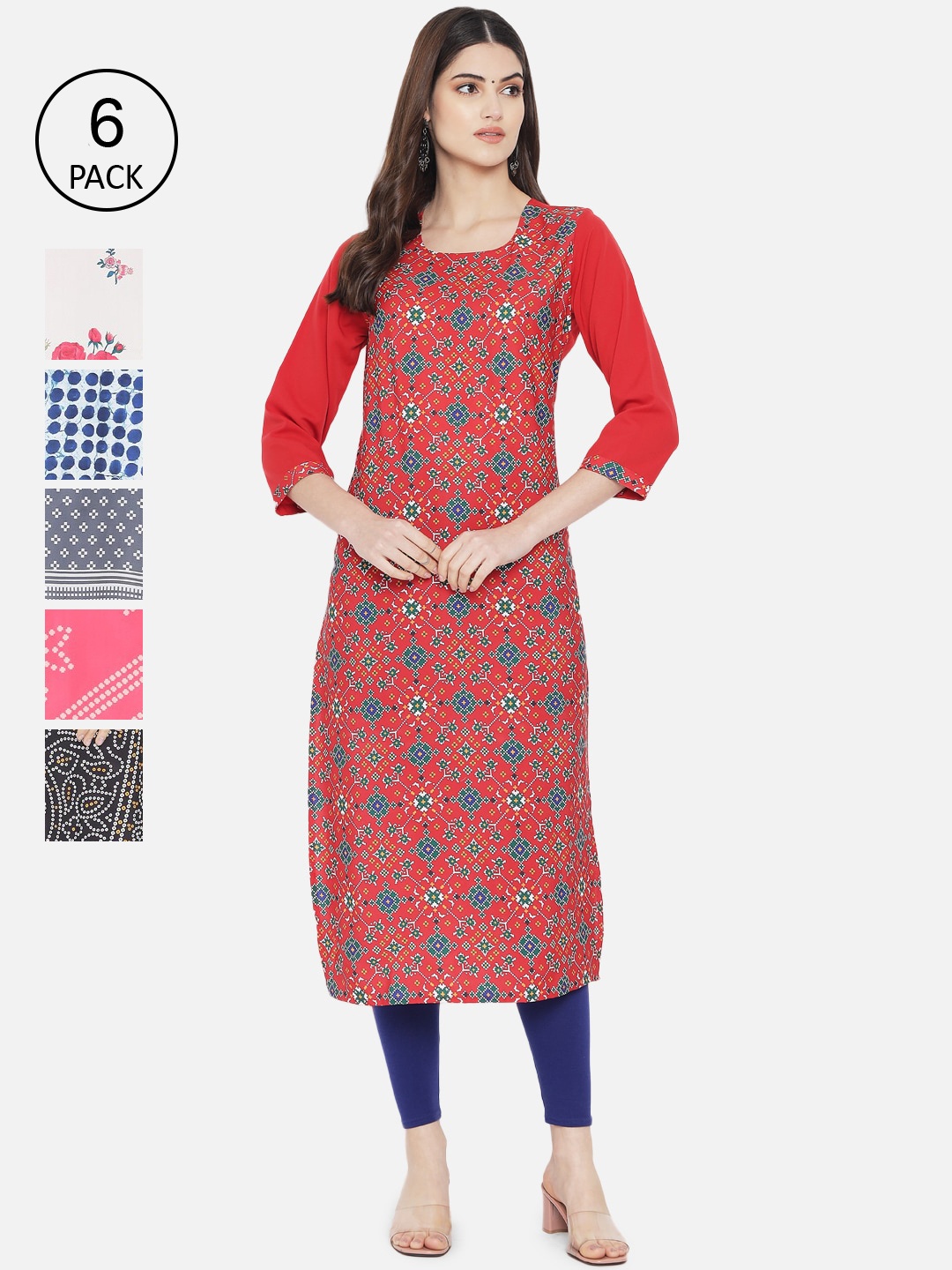 

Ethnic basket Women Multicoloured Pack of 6 Ethnic Motifs Printed Kurta, Multi