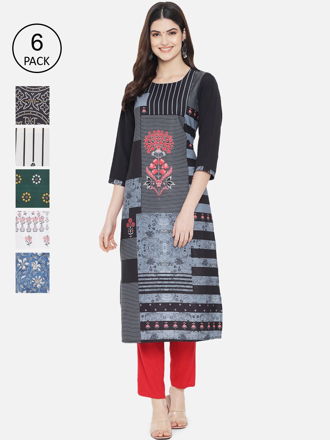 

Ethnic basket Women Pack of 6 Tribal Printed Crepe Kurta, Black