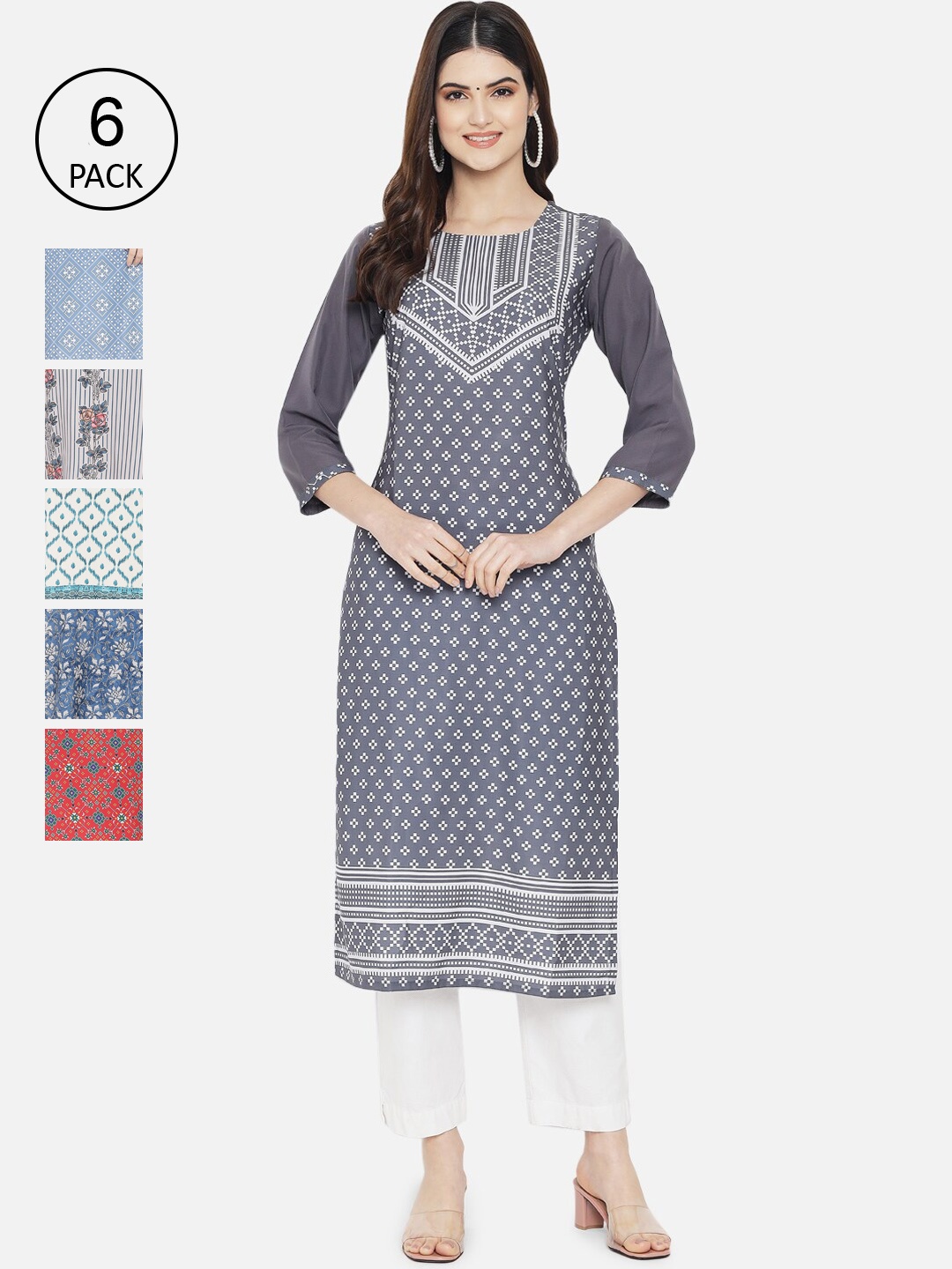 

Ethnic basket Women Multicoloured Pack Of 6 Ethnic Motifs Printed Kurta, Multi