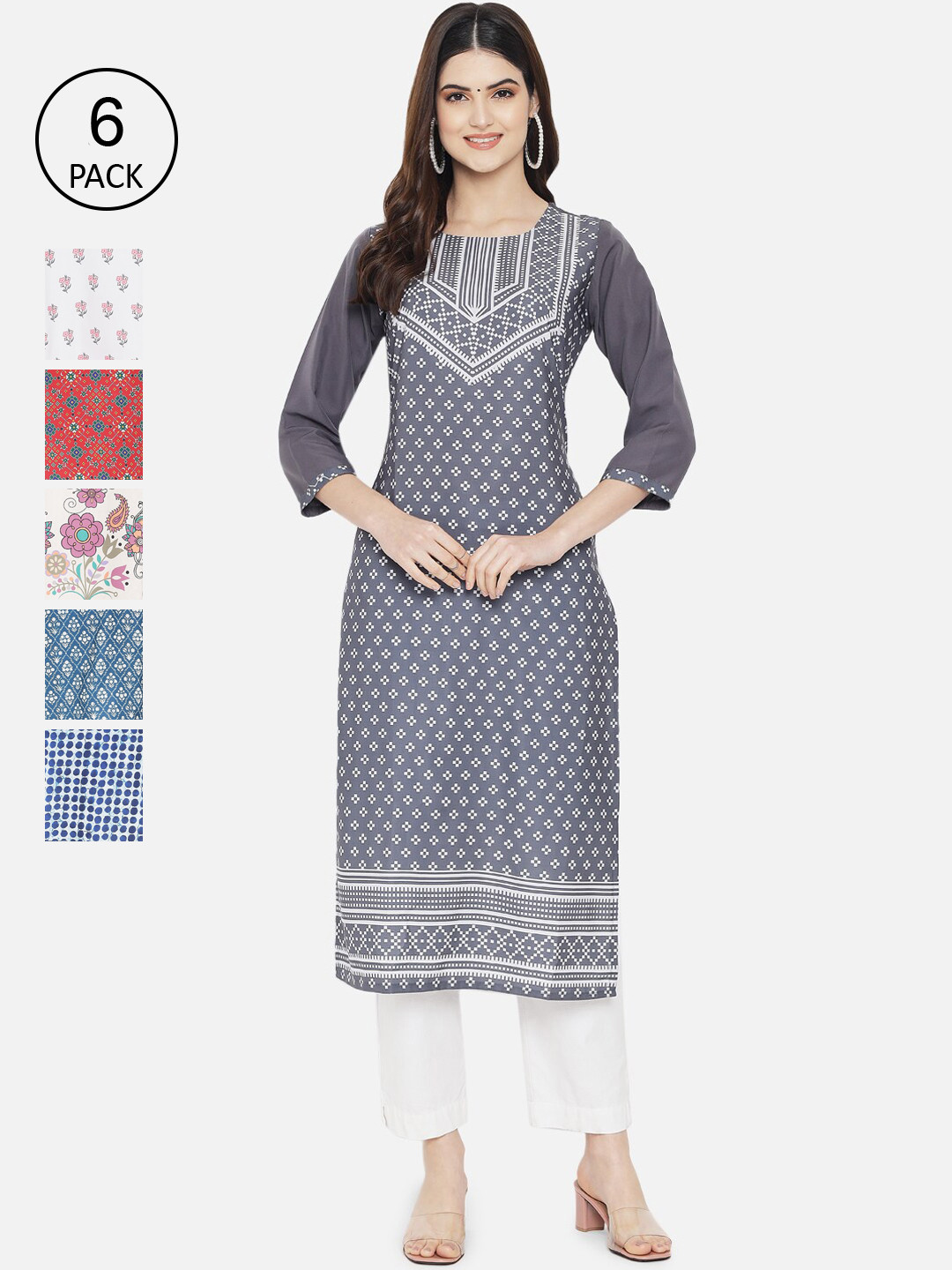 

Ethnic basket Women Pack of 6 Printed Crepe Kurta, Multi