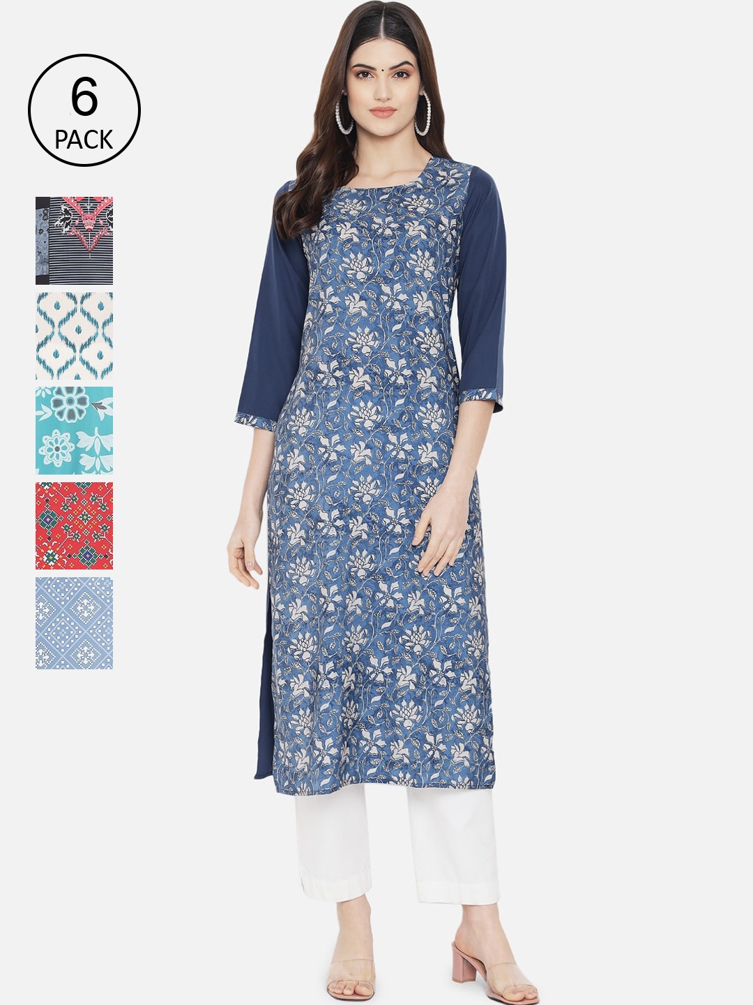 

Ethnic basket Women Pack Of 6 Multi Printed Crepe Kurta