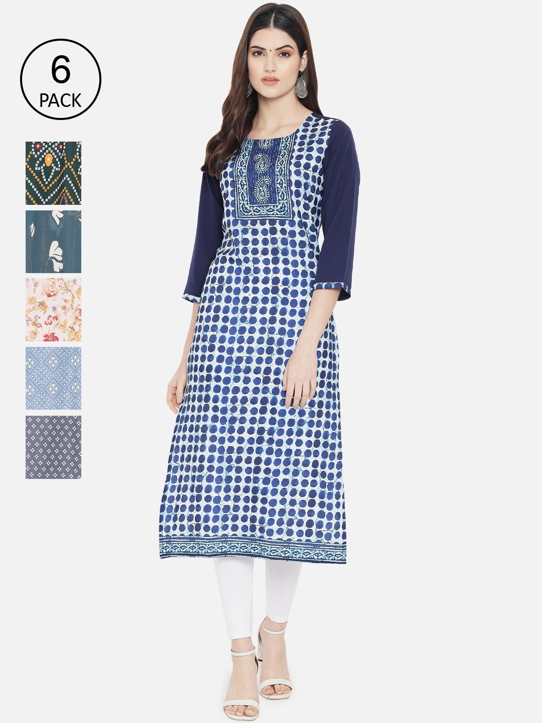 

Ethnic basket Women Pack of 6 Digital Printed Crepe Kurta, Blue