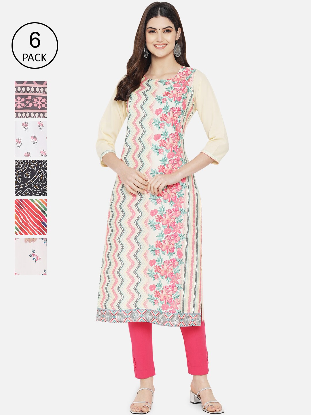 

Ethnic basket Women Pack of 6 Digital Printed Straight Kurtas, Cream