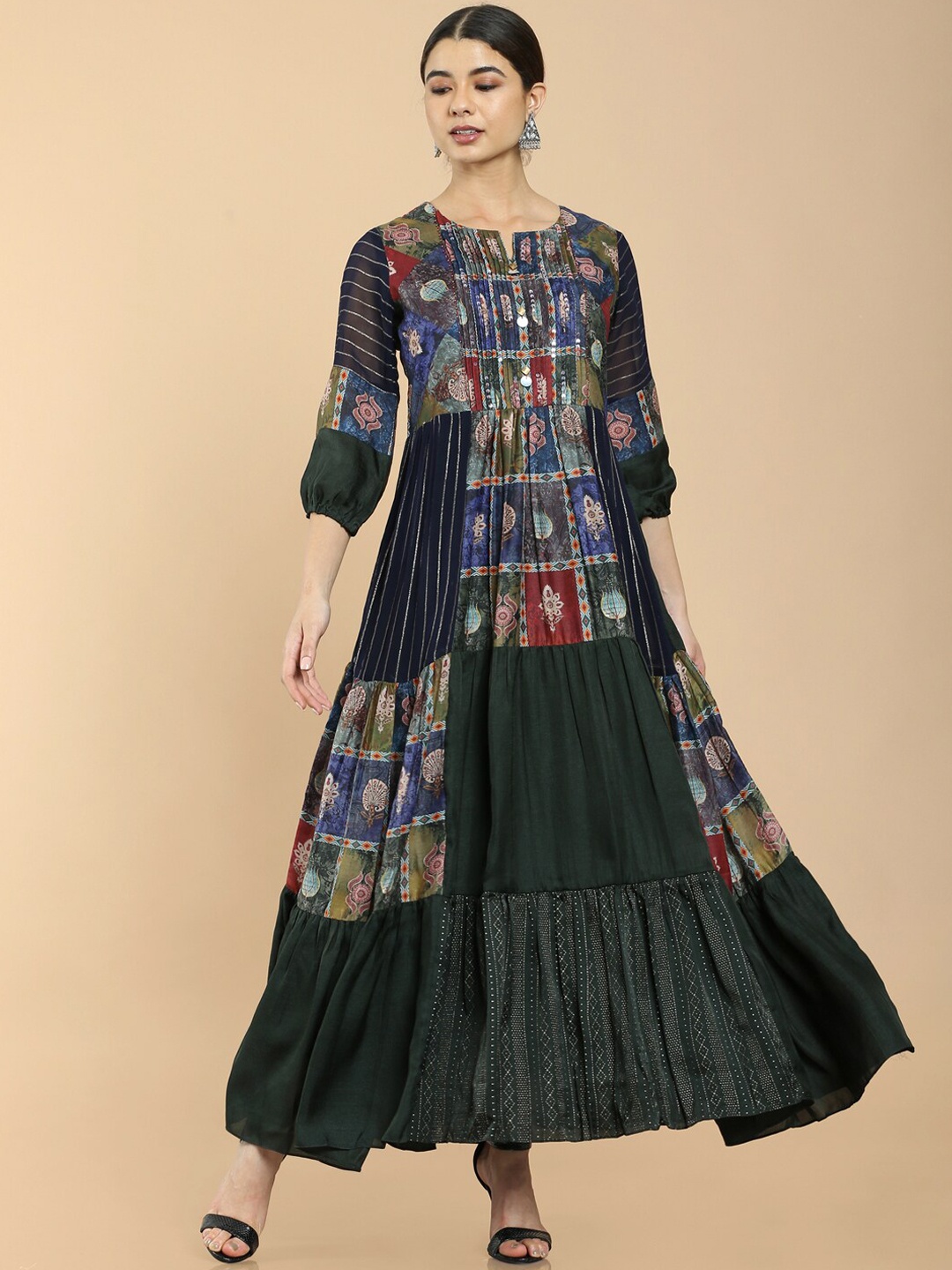 

Soch Women Olive Green Printed Crepe Anarkali Kurta