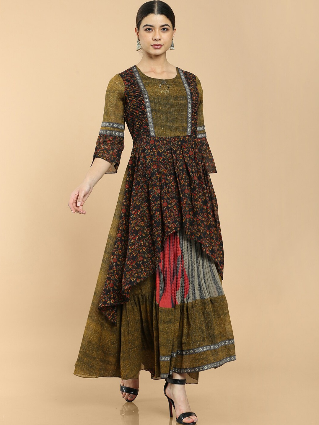 

Soch Women Olive Green Floral Printed Layered Georgette Anarkali Kurta, Gold
