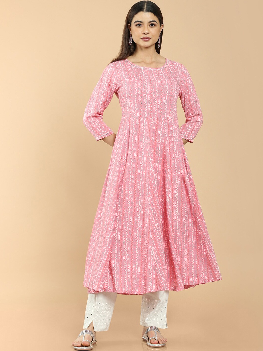 

Soch Women Pink & White Geometric Printed Anarkali Rayon Kurta