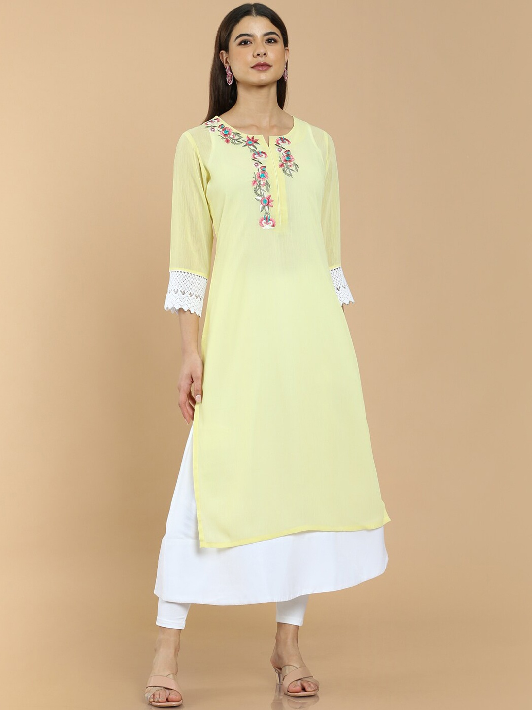 

Soch Women Yellow Yoke Design Thread Work Chiffon Kurta
