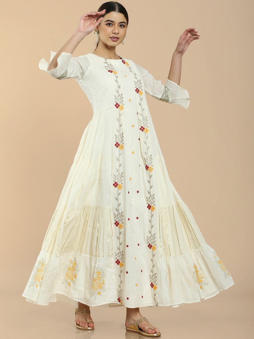 

Soch Women Off White & Red Floral Embroidered Bell Sleeves Cotton Flared Kurta