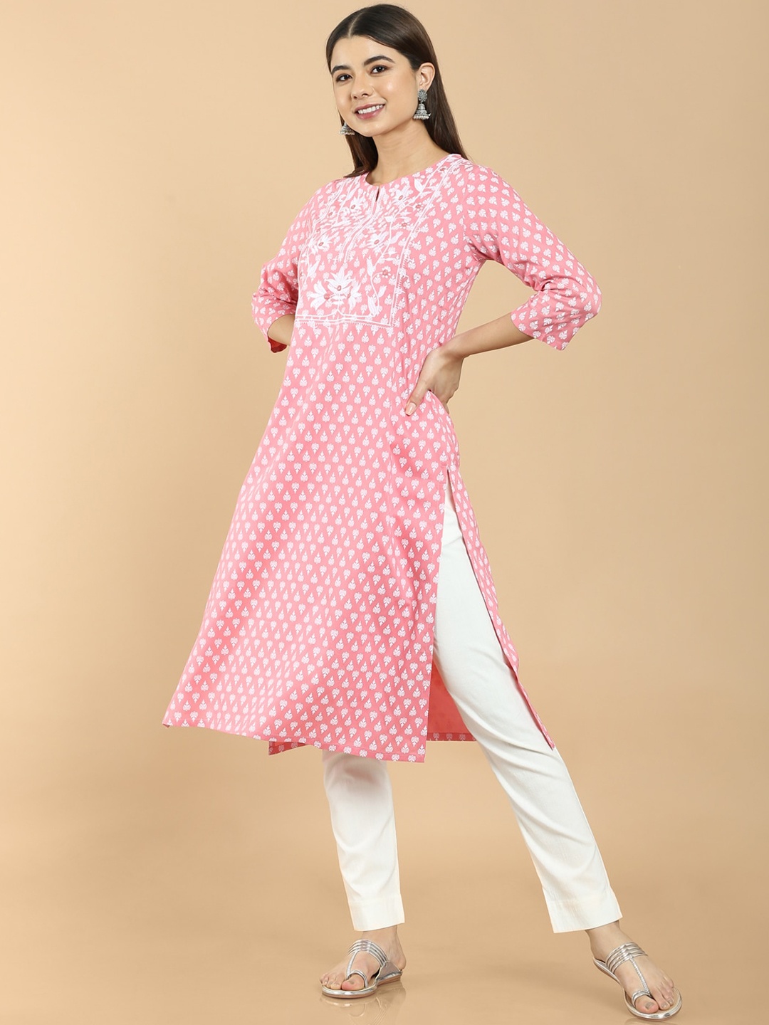 

Soch Women Pink & White Embroidered Rayon Kurta