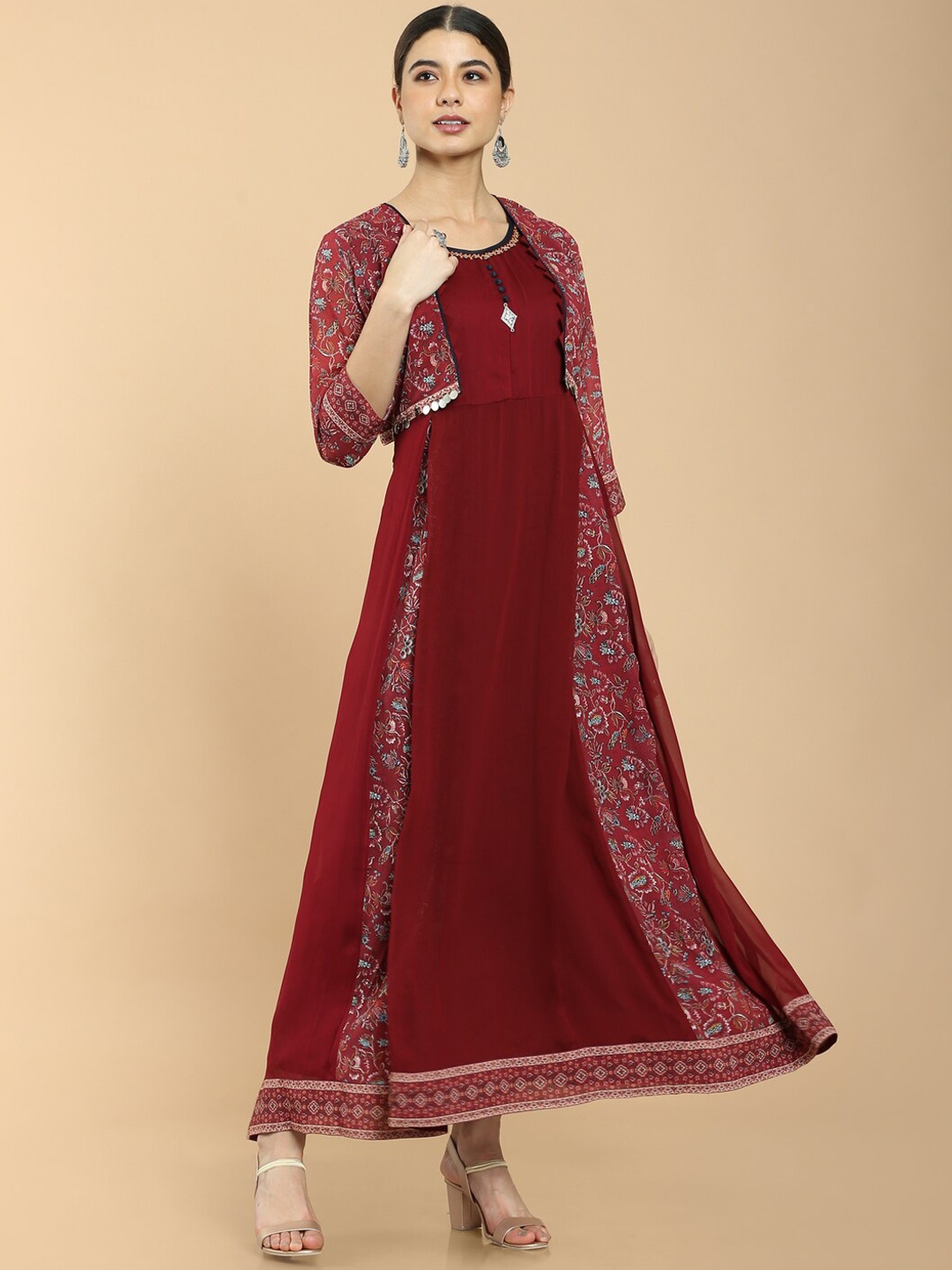 

Soch Maroon Floral Printed Georgette Layered Ethnic Maxi Dress With Jacket