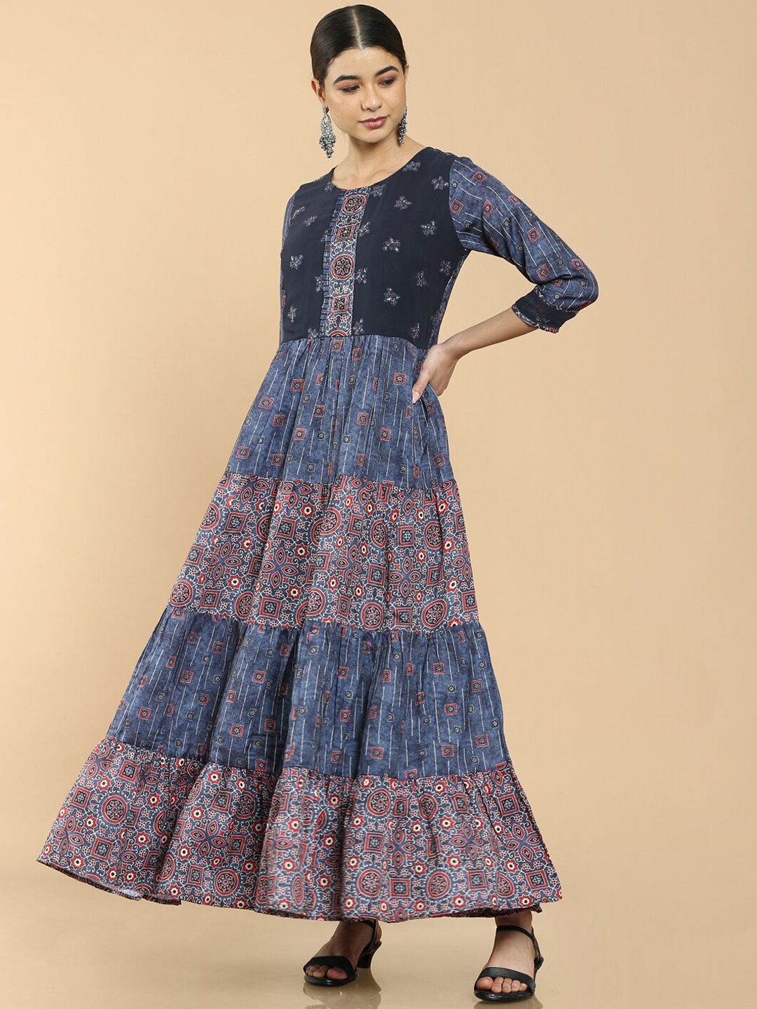 

Soch Women Blue Ethnic Motifs Printed Satin Anarkali Kurta