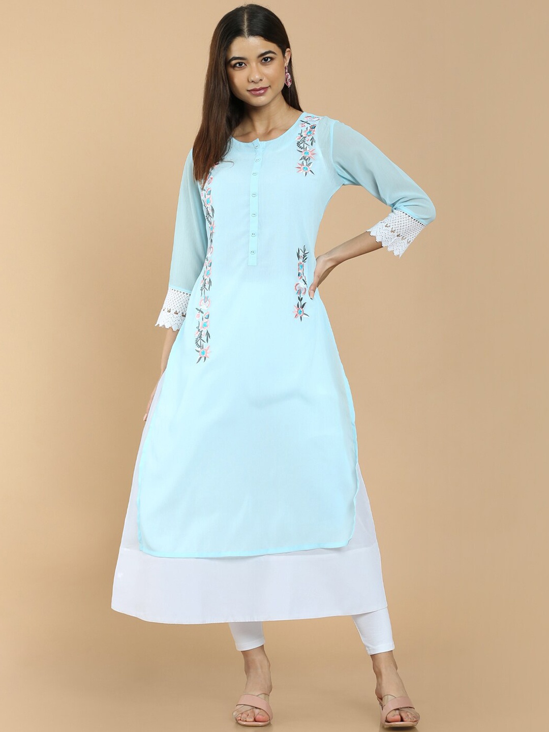 

Soch Women Blue Floral Embroidered Anarkali Chiffon Kurta