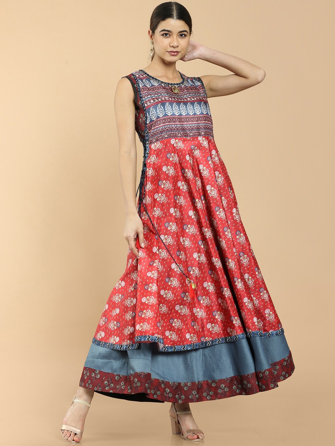 

Soch Women Red & Blue Ethnic Motifs Printed Muslin Anarkali Kurta